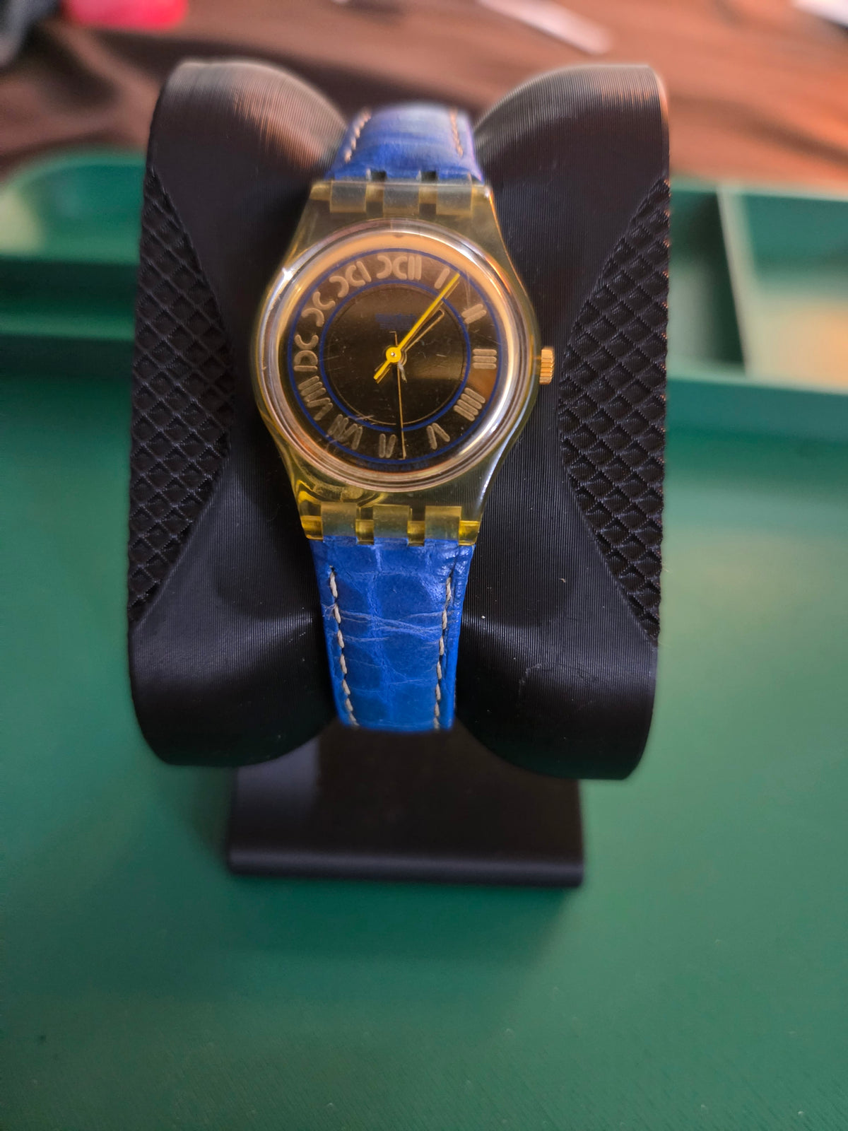 Clear Case Swatch - Quartz Watch with Blue Leather Strap